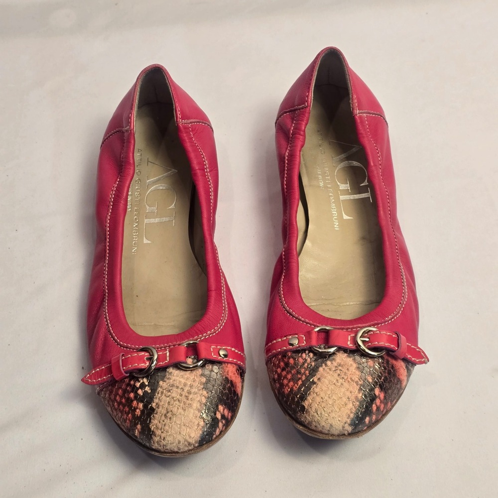 AGL Attilio‎ Giusti Leombruni Pink Leather Snakeskin Cap Toe Ballet Flats 39
